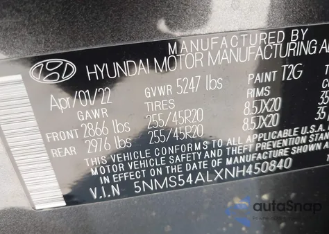2022 Hyundai Santa Fe Calligraphy z USA, uszkodzony, nr VIN 5NMS54ALXNH450840